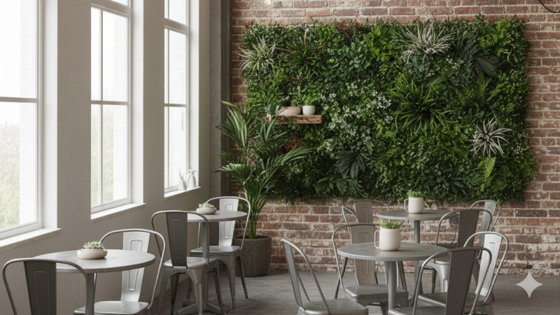 A close-up of a high-quality, realistic artificial plant wall panel