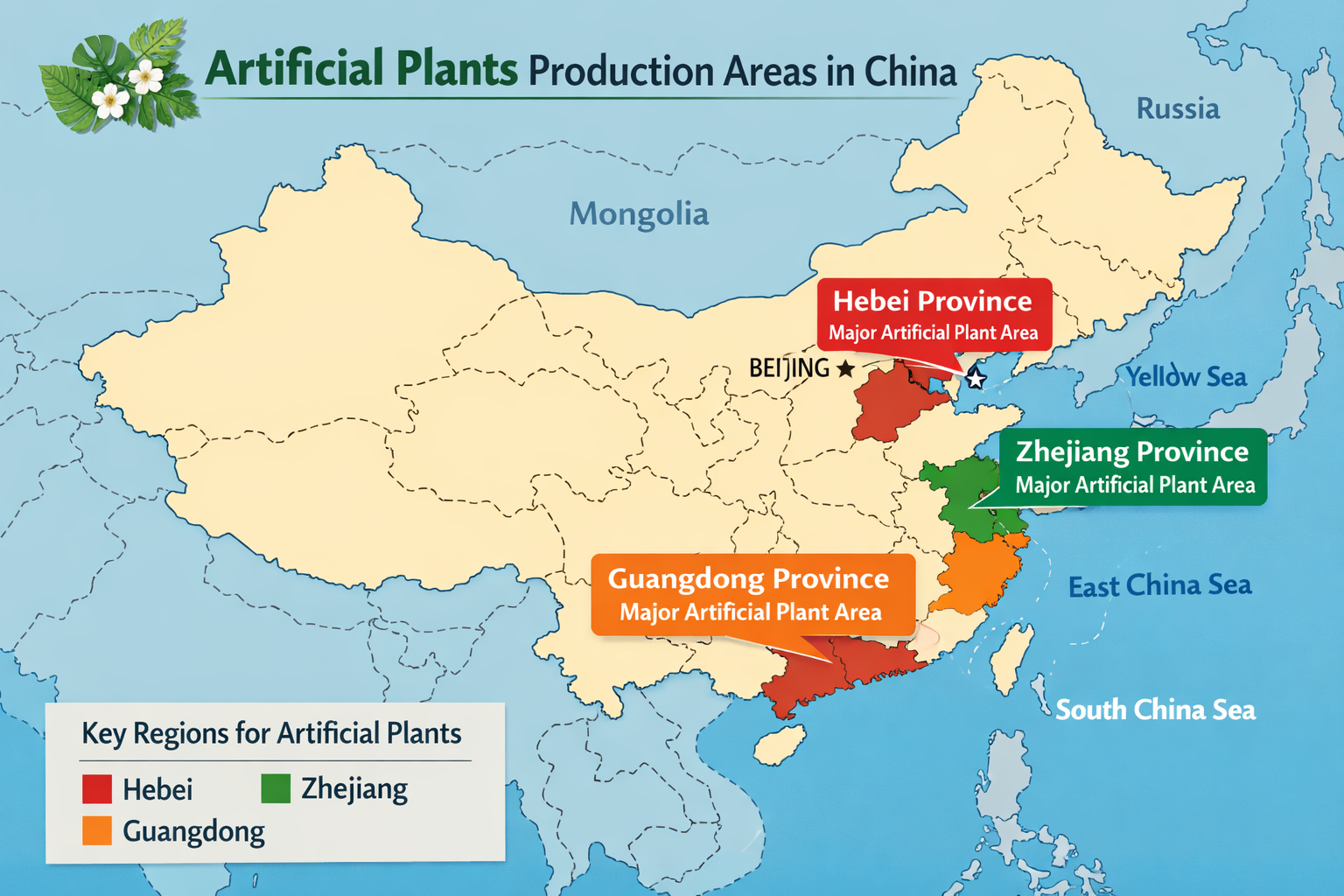 Map of China highlighting key manufacturing regions for artificial plants